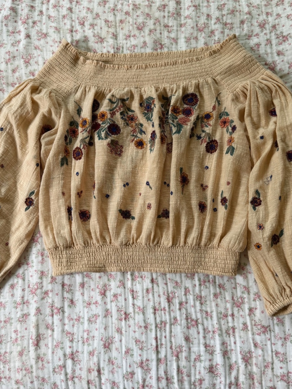 Free People Beige Embroidered Off-Shoulder Peasant Top